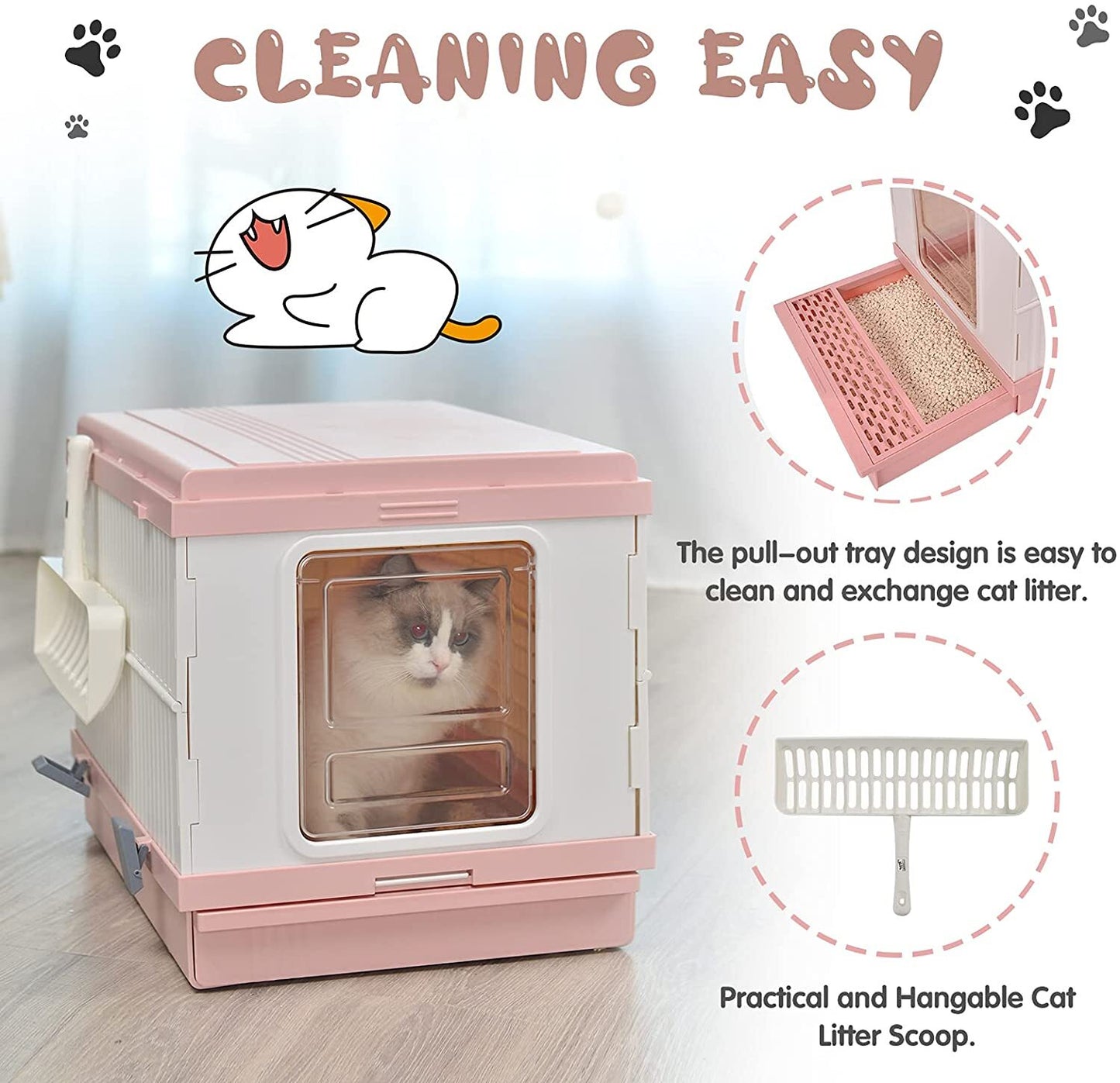 YES4PETS XL Portable Cat Toilet Litter Box Tray Foldable House with Handle and Scoop Pink