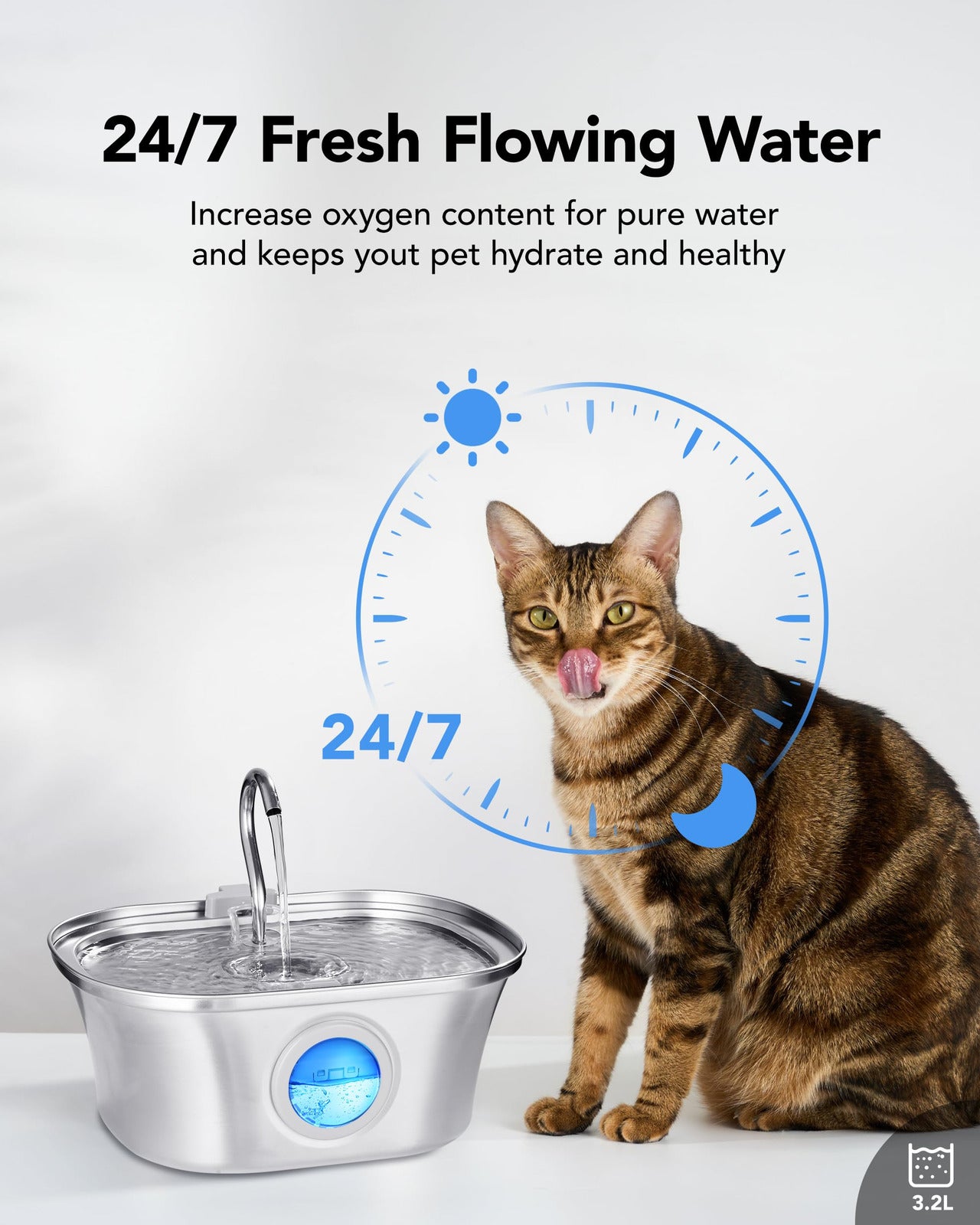 YES4PETS 3.2L Automatic Electric Pet Water Fountain Dog Cat Stainless Steel Feeder Bowl Dispenser Square